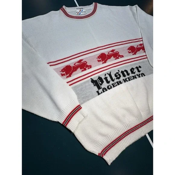 Vintage 70s Pilsner Lager Kenya Beer Knit Sweater Novelty Crewneck Size Large